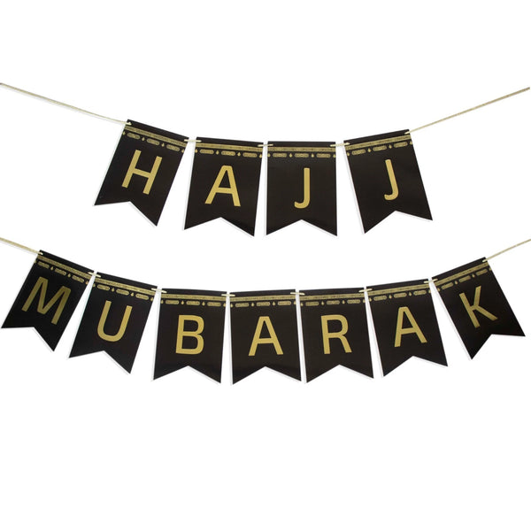 Hajj Mubarak Banner Gold Foil | 10 Flags 5m Garland 24x17cm Islamic Party Decor