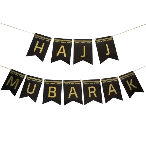 Hajj Mubarak Banner Gold Foil | 10 Flags 5m Garland 24x17cm Islamic Party Decor