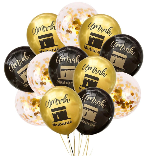 Umrah Mubarak - 12 Inch Latex Balloons Black Gold  Printing with Kaaba for Balloon  Party Decorations