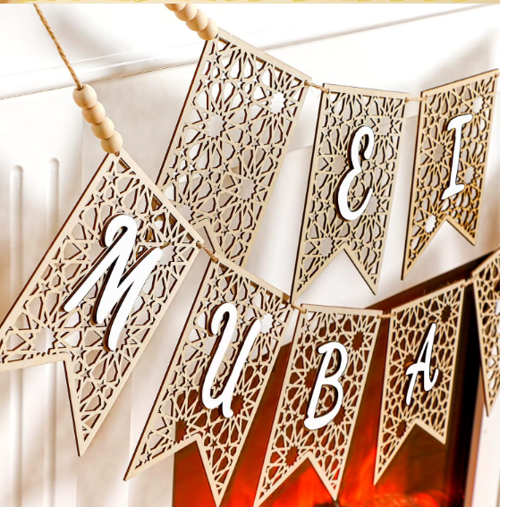 Eid  Mubarak Wooden Garland Bunting- White 18x13cm