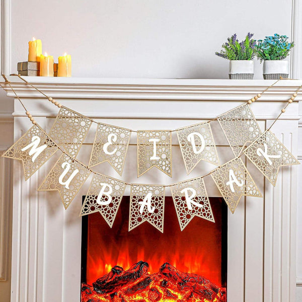 Eid  Mubarak Wooden Garland Bunting- White 18x13cm