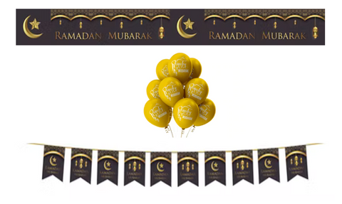 Ramadan Mubarak Set  (Black/Gold)  With Gold Balloons 2022