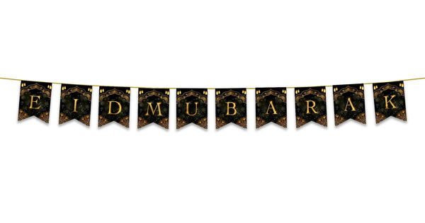 Eid Mubarak Bunting - Black & Gold Geometric Stars & Lanterns Letter Flags Decor