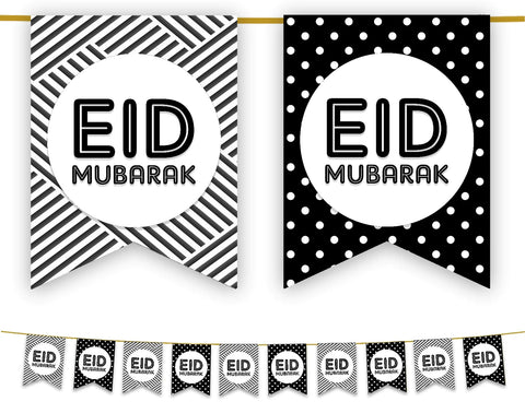 Eid Mubarak Bunting - Black & White Polka Dot Flags Decoration 2023