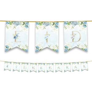 Eid Mubarak Bunting - Blue & Gold Floral Letter Flags Decoration 2023