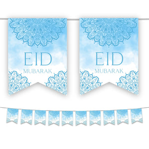 Eid Mubarak Bunting - Blue & White Watercolour Flags Decoration