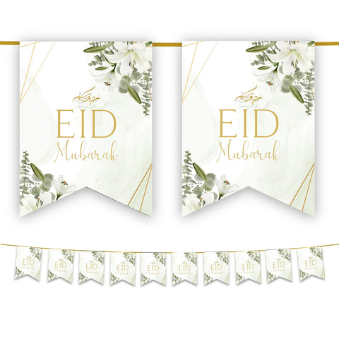Eid Mubarak Bunting - White Gold & Green Leaves Flags Decoration