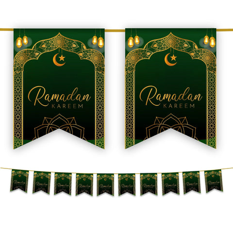 Ramadan Kareem Bunting - Green & Gold Hanging Lanterns Archway Flags Decoration