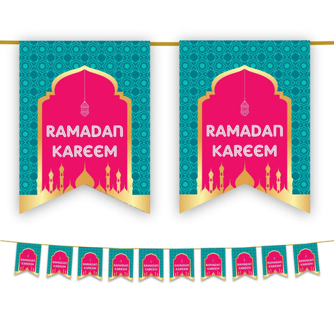 Ramadan Kareem Bunting - Teal & Pink Geometric Archway Mosque Flags Decoration