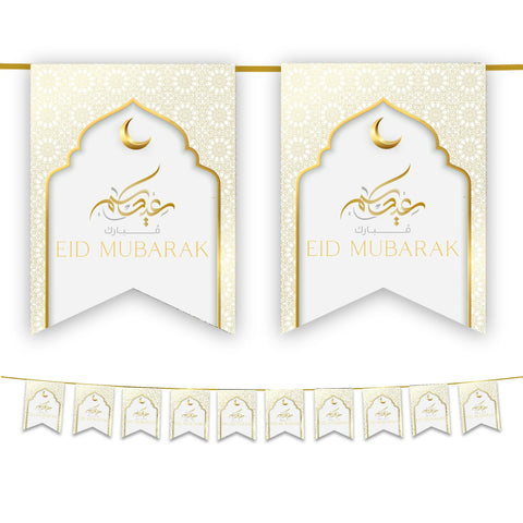 Eid Mubarak Bunting - White & Gold Flags Decoration